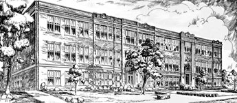 Line art drawing of William Chrisman High School from 1935 yearbook "The Gleam", based on Alfred Lord Tennyson's poem "Follow the Gleam", a 1935 graduate becomes a mentor for 50s family fishing customs and guides a family to forever memories of forests creeks and ponds
