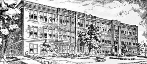 William Chrisman Greatest Generation High School from a line art drawing in the Gleam, the 1935 Yearbook